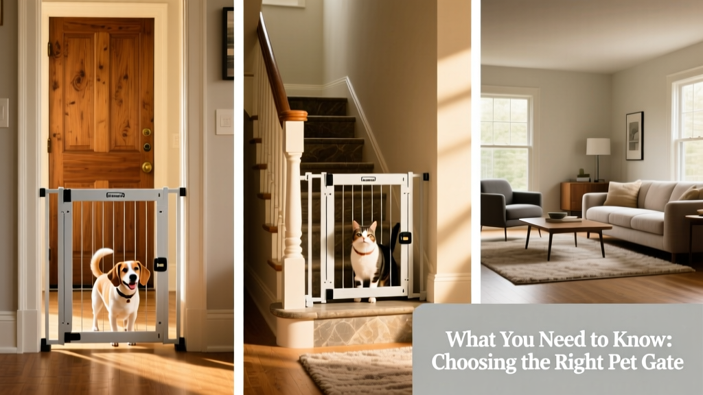 Side-by-side comparison showing three FurPetVo pet gates installed in different home settings: doorway, staircase, and open living area
