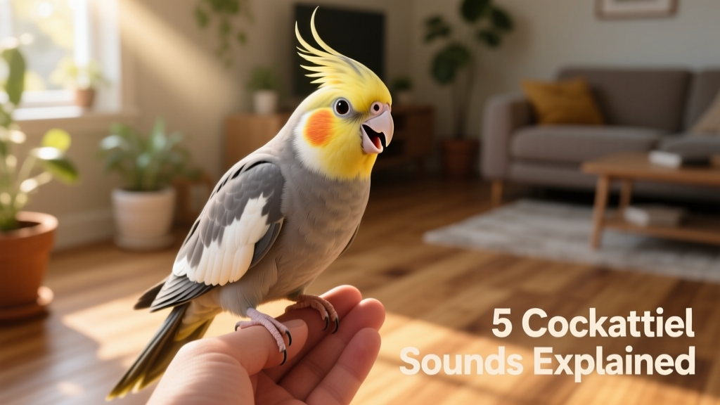A cockatiel perched on a hand, beak slightly open as if about to vocalize