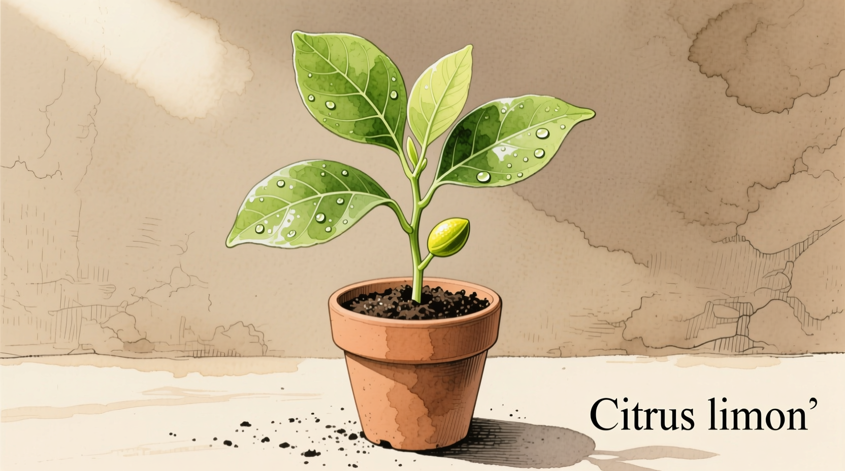 Healthy lemon seedling in small pot with green leaves