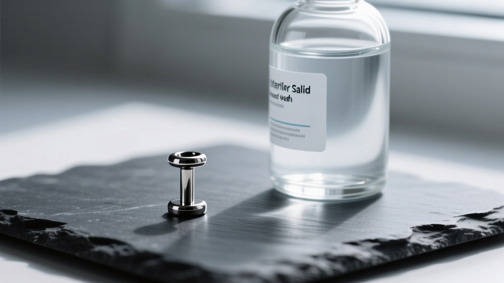 Macro shot of a titanium labret stud on dark slate beside a glass bottle of sterile saline wound wash, soft directional lighting.