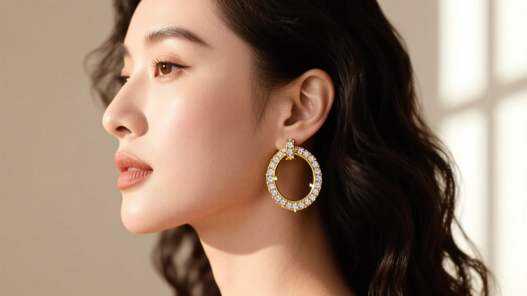 Side profile of woman wearing 14k yellow gold diamond inside-out huggie earrings, pavé setting visible against soft natural light