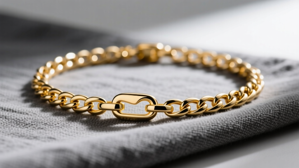 A 5mm 14k yellow gold Figaro chain on charcoal linen, highlighting the interlocking links and a secure, polished lobster clasp.