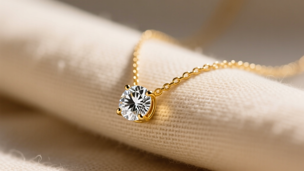 Close-up of a delicate 14k yellow gold Olivia necklace with a solitaire diamond pendant resting on a soft beige linen cloth