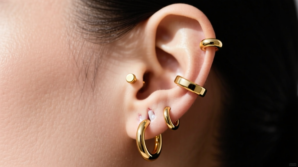 Side profile showing a curated ear stack with 14k gold threadless flat-back labrets and seamless huggies on healed cartilage.