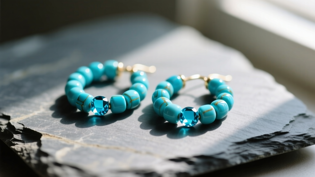 Close-up of vibrant blue turquoise beaded hoop earrings resting on textured slate, illuminated by soft natural window light.