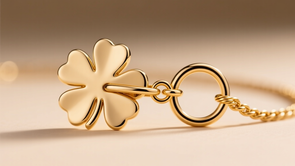 Side view of a 4 leaf necklace lobster clasp and jump ring highlighting the soldered link on a delicate solid gold cable chain