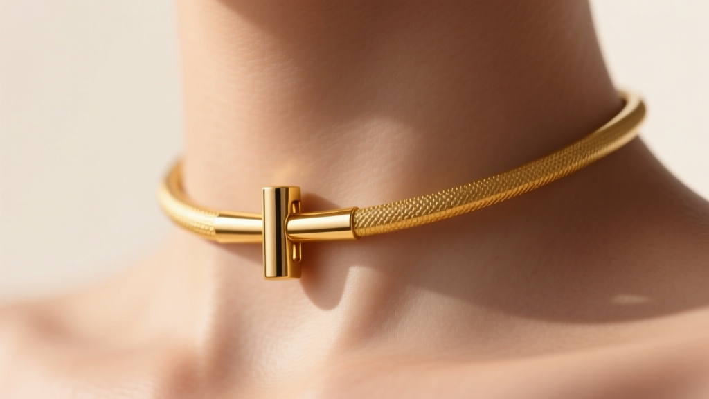 Macro shot of an 18k yellow gold necklace t bar clasp on the neck, highlighting a textured cylindrical bar and a soft matte finish