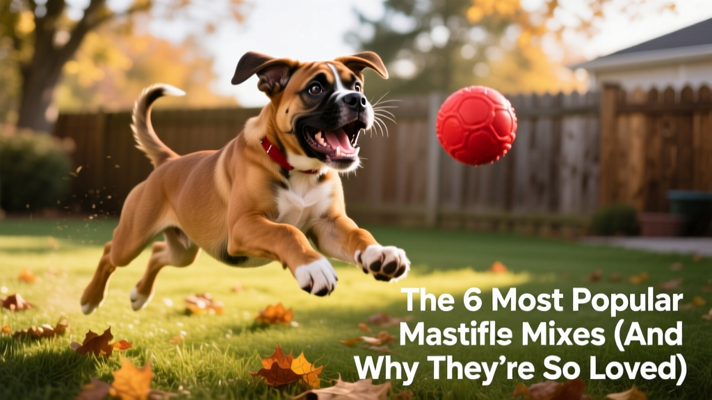 A joyful Boxmas puppy mid-leap during a backyard game of fetch