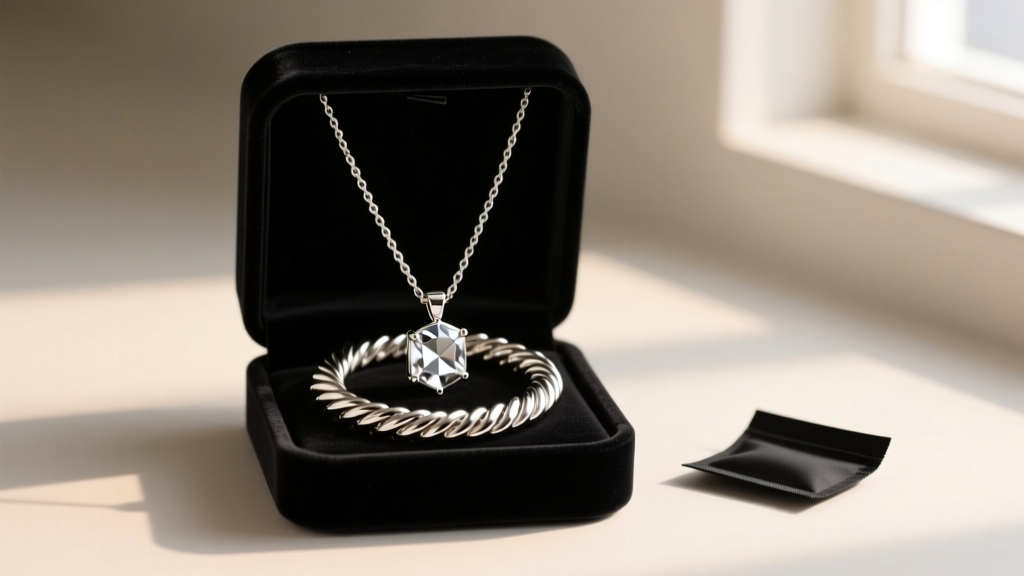 Velvet box holding a coiled rhodium-plated silver necklace with a marquee charm, next to a small black anti-tarnish strip.