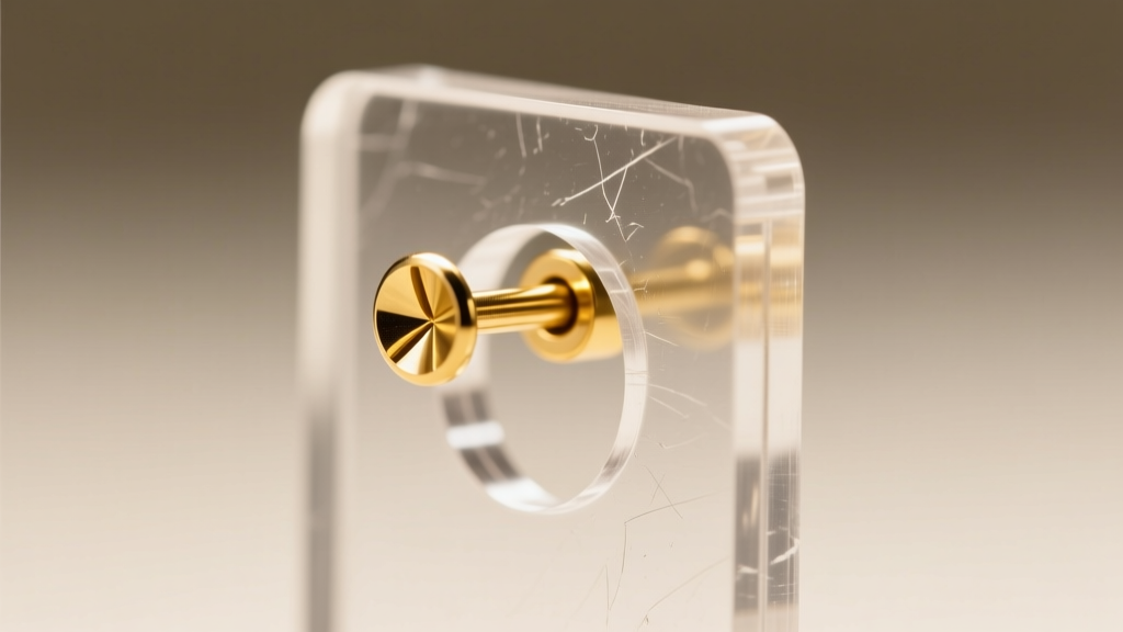Macro view of a laser-cut 4mm cast acrylic earring rack hole showing smooth edges with a gold stud post inserted in soft lighting