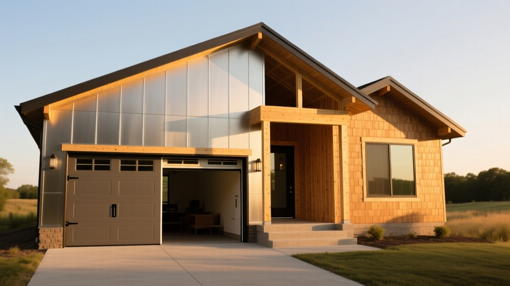 Completed post-frame shouse with a large attached garage door and residential front porch at sunset, showing mixed metal and wood siding