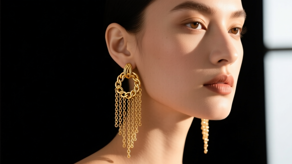 Model wearing a 14k gold vermeil fringe earring, intricate chain tassels catching warm studio light against a dark background.