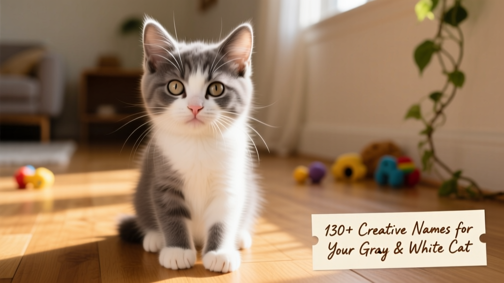 Close-up portrait of a curious gray and white kitten blinking softly, with soft lighting highlighting its contrasting fur tones