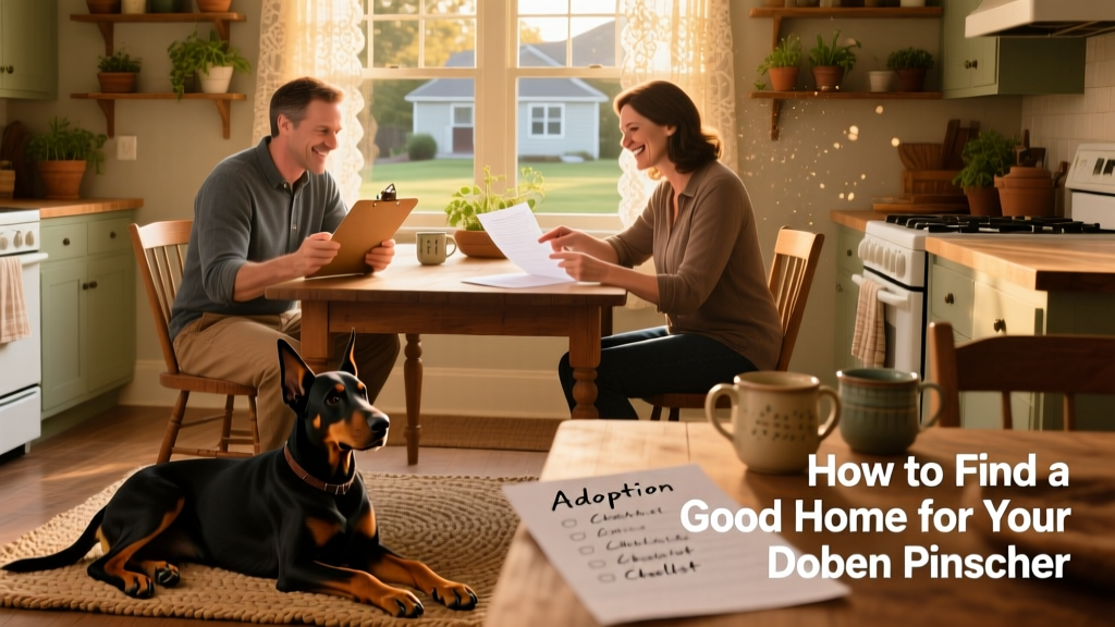 Two people reviewing adoption paperwork together at a kitchen table, with a Doberman gently resting nearby
