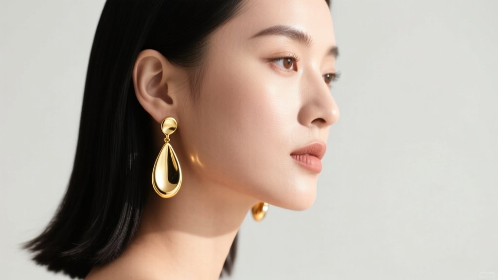 Side profile of a woman wearing 18k gold teardrop dangle earrings, showing elegant sway and light reflection on the polished metal