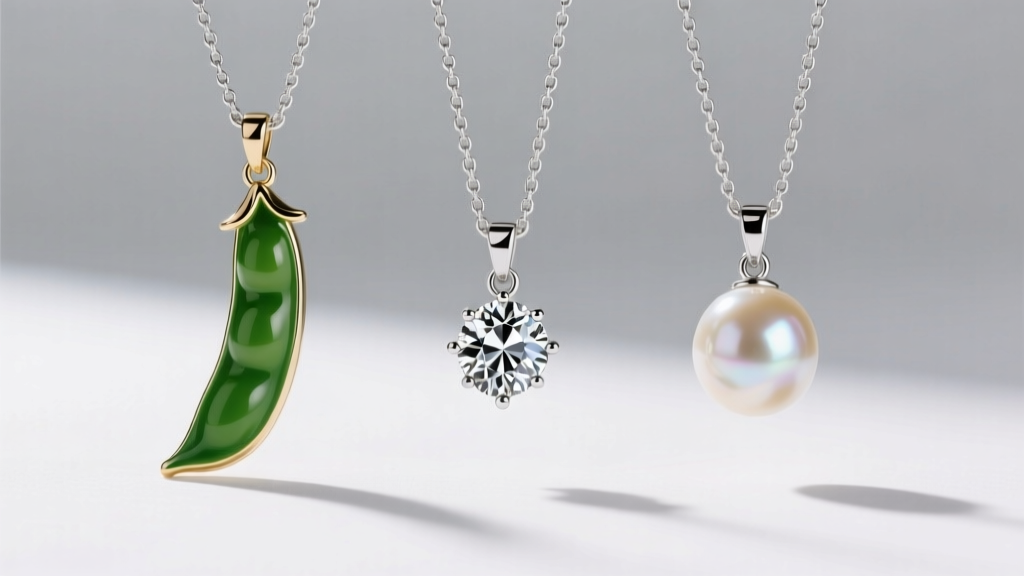 Three pea pod pendants side-by-side: green enamel, cubic zirconia, and akoya pearls hanging from delicate silver chains.
