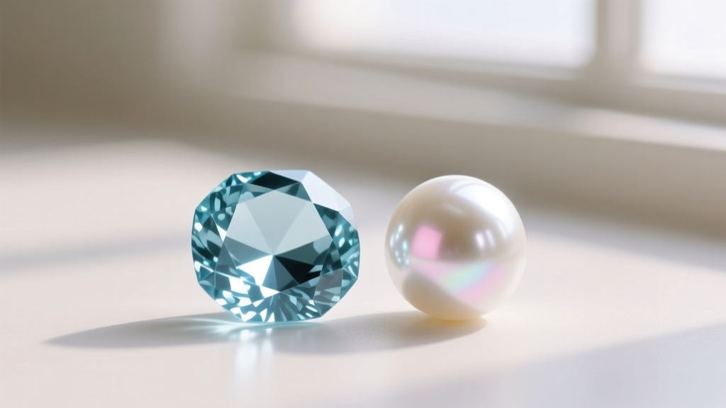 Macro shot of faceted pale blue aquamarine gemstone beside a round white Akoya pearl, showing contrasting textures and bright luster