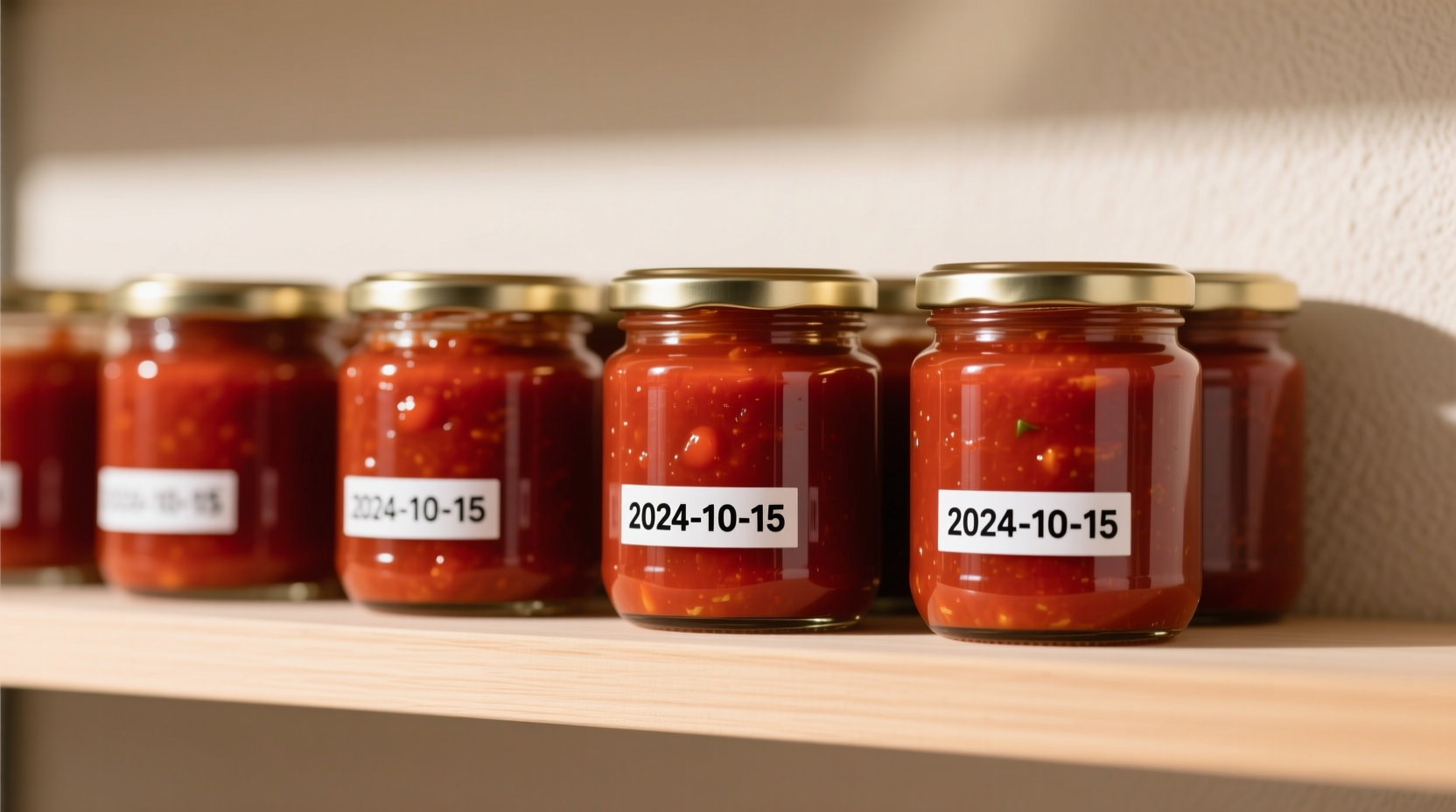 Properly stored tomato sauce in glass containers with date labels
