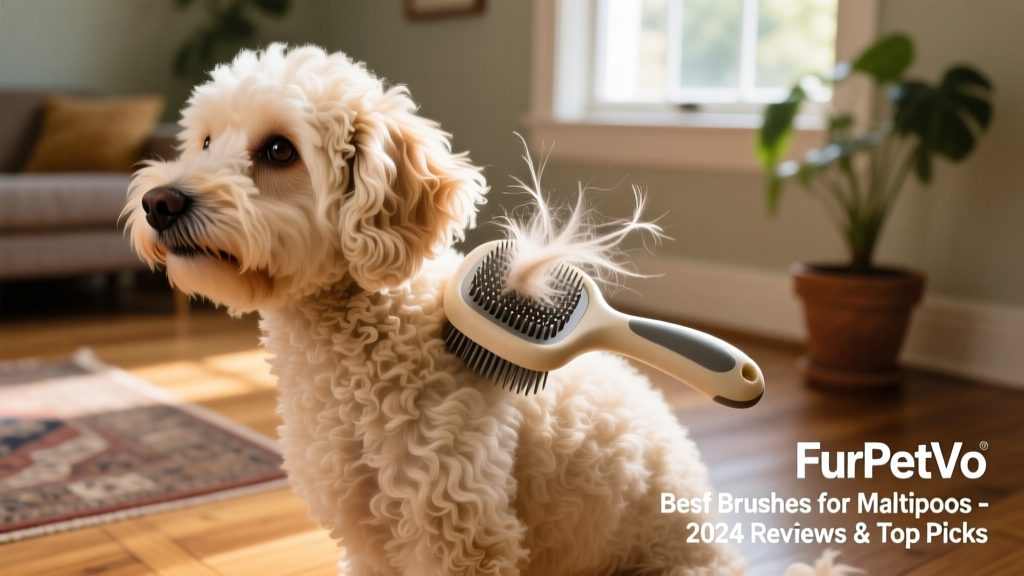 FurPetVo Self-Cleaning Slicker Brush in action on a Maltipoo’s shoulder, showing tangle removal