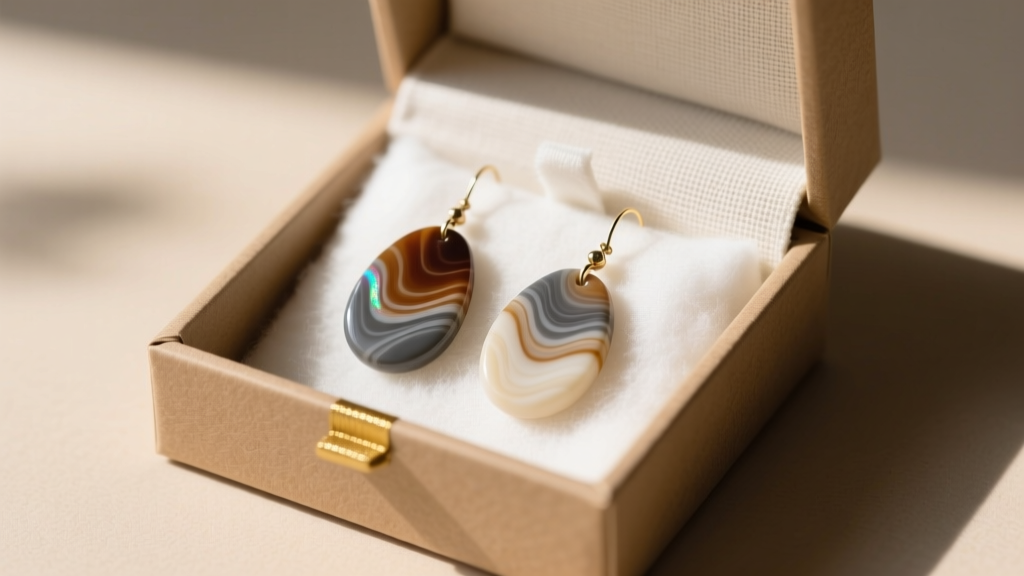 Elegant kraft jewelry boxes opened to reveal handmade marbleized clay drop earrings nestled in white cotton filling.