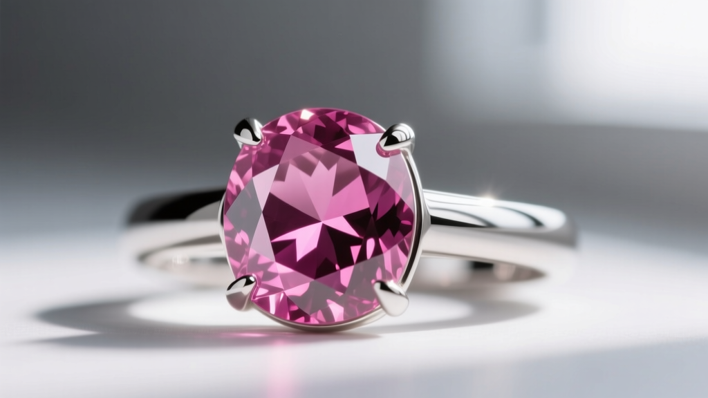 Macro view of a platinum bezel setting securing a pink sapphire, highlighting precise metal tolerances and high polish finishes.
