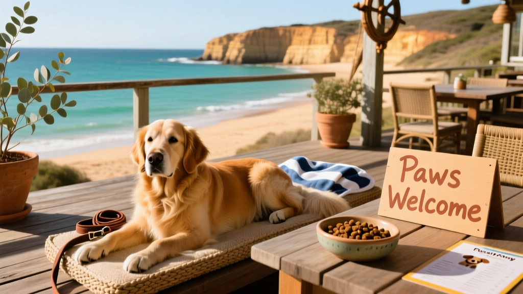 A dog relaxing on the outdoor terrace of a seaside restaurant in Western Australia