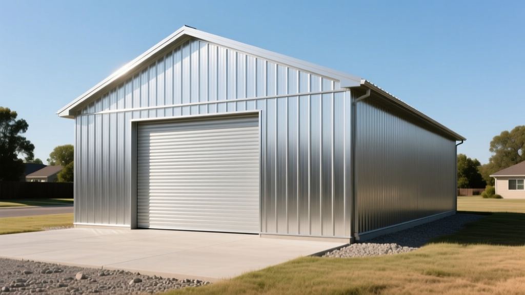Exterior of a newly built 20x30 metal pole barn shop on a concrete slab with a 10x10 roll-up door and vertical steel siding