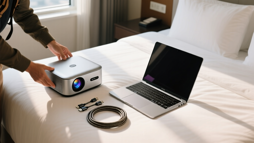 Overhead shot of a traveler unpacking a Nebula Capsule 3 Laser projector, Windows laptop, and braided USB-C cables on a hotel bed.