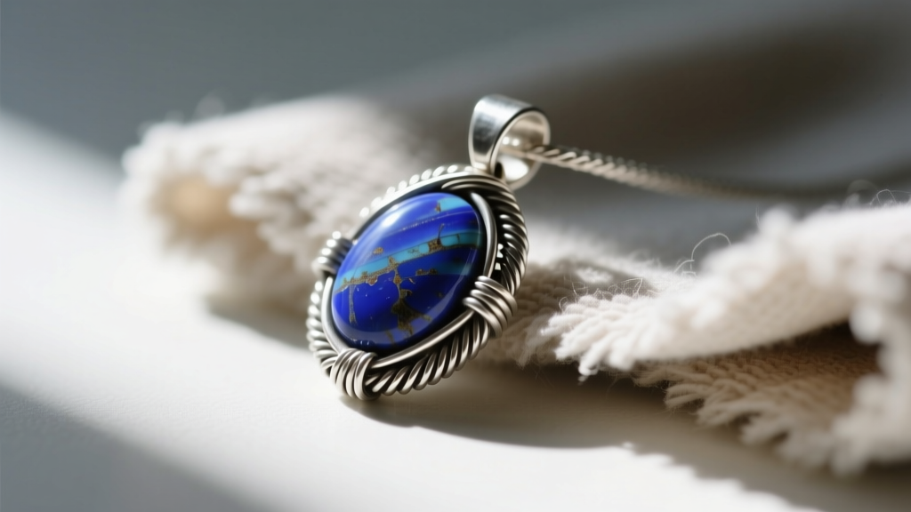 Close-up of a soft microfiber cloth gently wiping a tarnished 24-gauge sterling silver wire-wrapped lapis lazuli pendant.