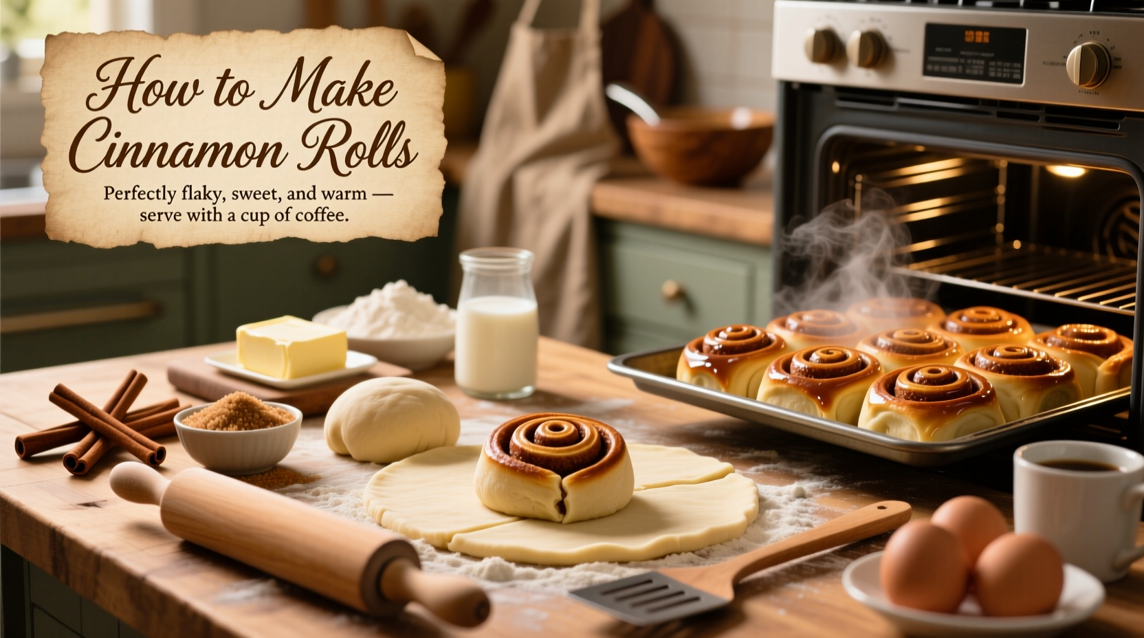 Schnitt durch frisch gebackene Cinnamon Rolls mit gleichmäßiger Zimtfüllung