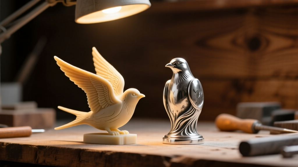 Workbench showing a raw wax swallow model next to a finished oxidized sterling silver casting under warm, focused ambient light.