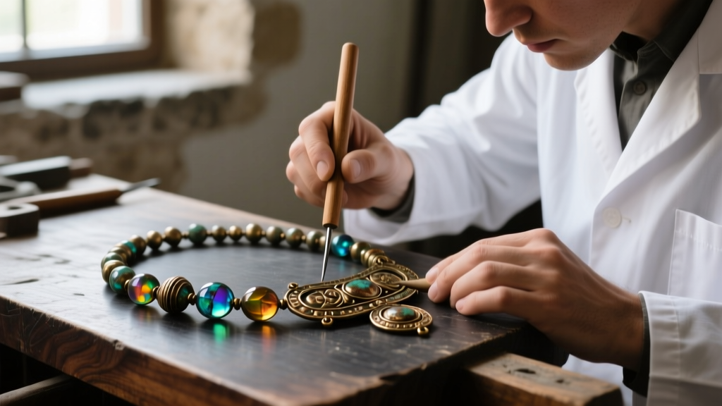 Jeweler using a wooden tool to clear active bronze disease from a Roman glass and bronze bead necklace on a dark workbench.
