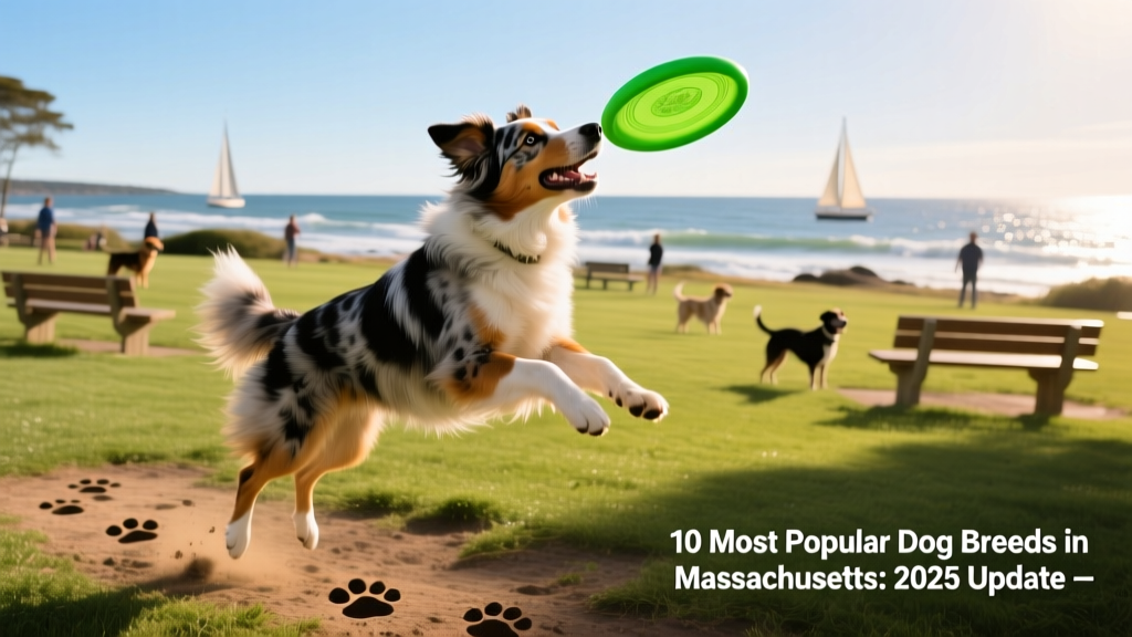 An Australian Shepherd mid-air catching a frisbee at a sunny dog park with ocean views in the background