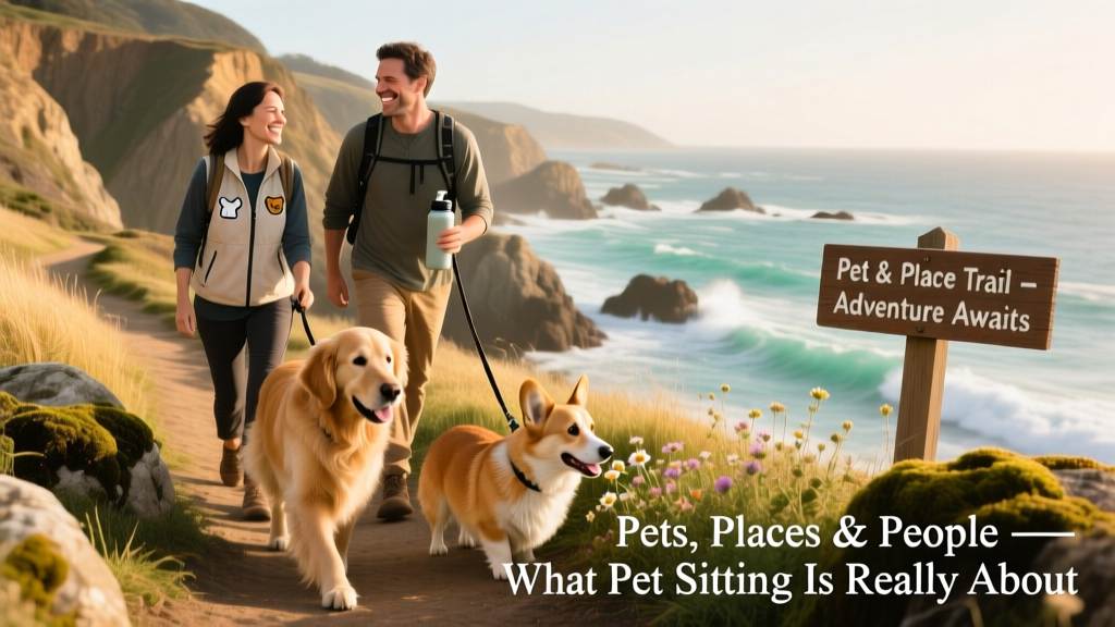 Julie and Jonathan hiking with two friendly dogs along a coastal trail