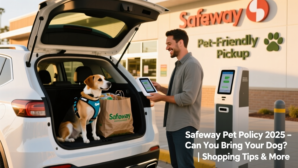 A shopper using curbside pickup at a Safeway store, with their dog safely seated in the passenger seat of the car