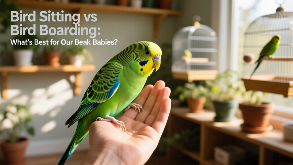 A green parakeet perched comfortably on the back of a caregiver’s raised hand, gently kissed on the head