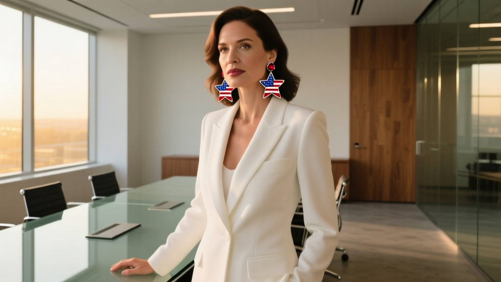 Woman in white blazer wearing ruby and sapphire US flag drop earrings in a modern office setting with warm cinematic lighting.