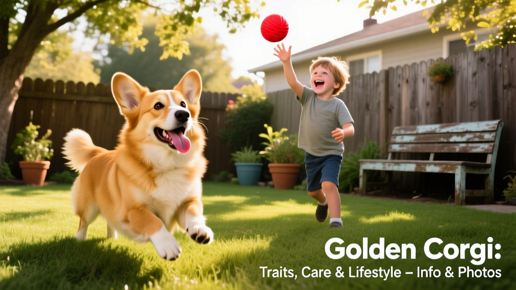 A Golden Corgi happily playing fetch with a child in a backyard, tongue lolling and ears flopping