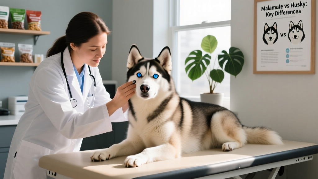 Veterinarian gently examining a Husky's eyes during a wellness checkup