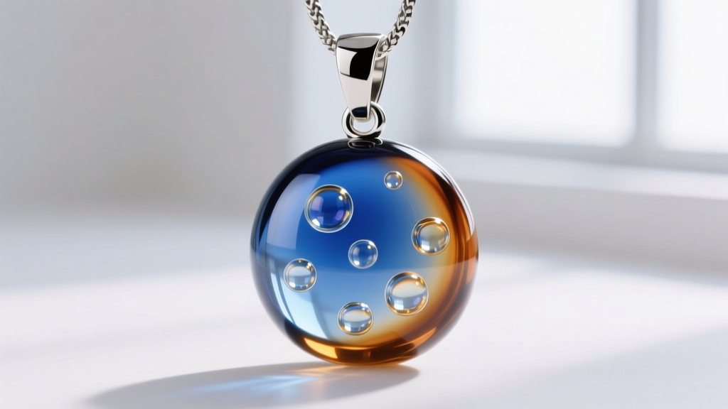 Macro photography of a genuine Murano glass pendant showing tiny internal air bubbles and a sterling silver bail attachment.