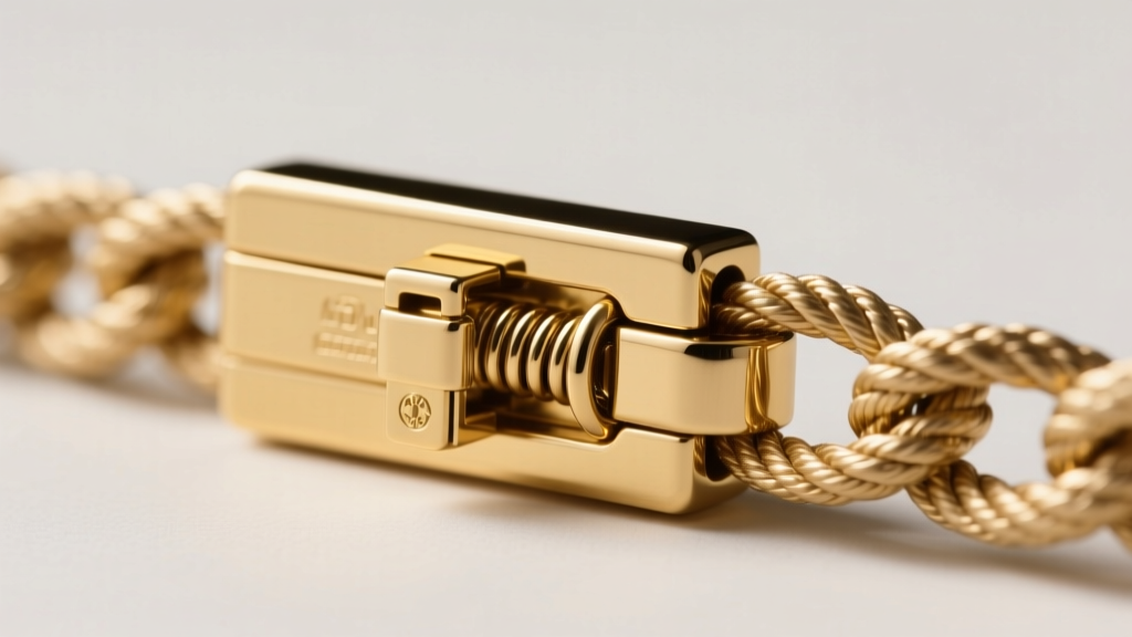 Close-up of a gold box clasp with a safety catch on a heavy rope chain, showing secure jewelry mechanics and detailed metalwork.