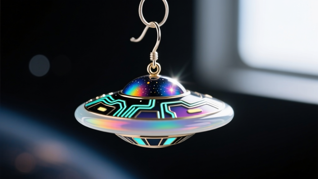 Macro view of a sci-fi enamel UFO dangle earring showing painted details and epoxy resin coating against a blurred, dark backdrop.