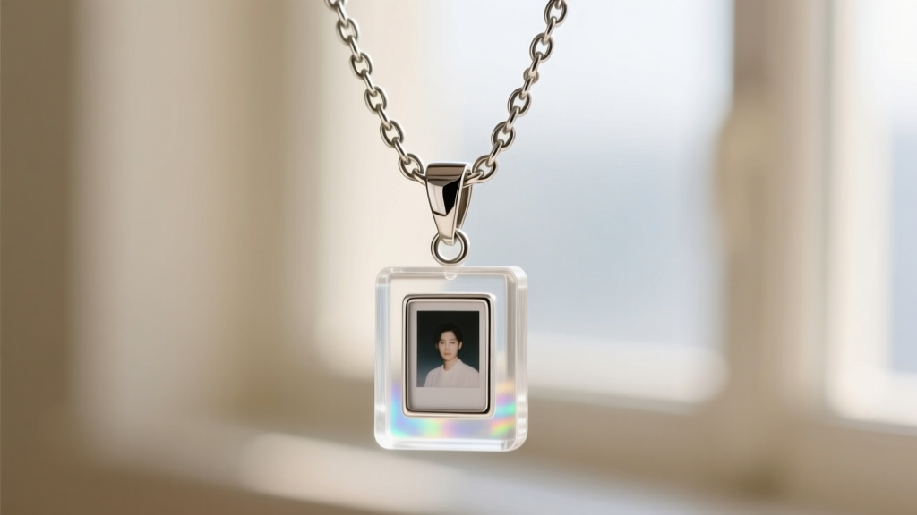 Macro shot of a steel chain on a resin memory necklace with photo, highlighting the secure lobster clasp and jump ring.