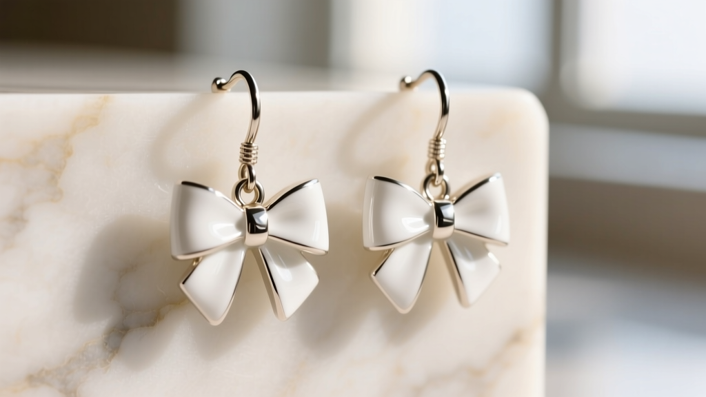Macro view of white enamel dangling bow earrings showing the glossy finish and jump ring against a soft blurred marble backdrop.