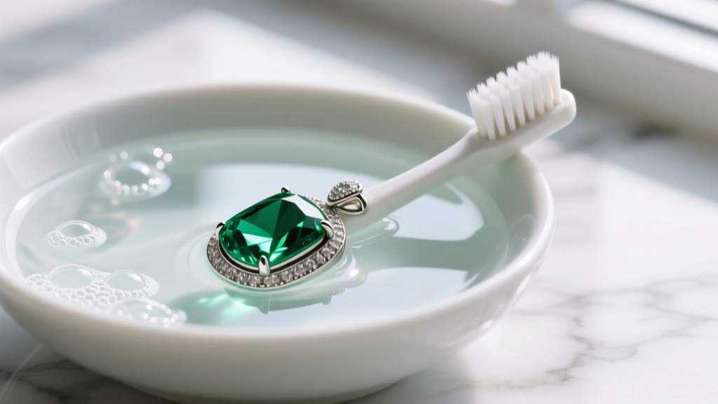 Close-up of an extra-soft baby toothbrush gently cleaning a bezel-set emerald pendant in a bowl of lukewarm soapy distilled water