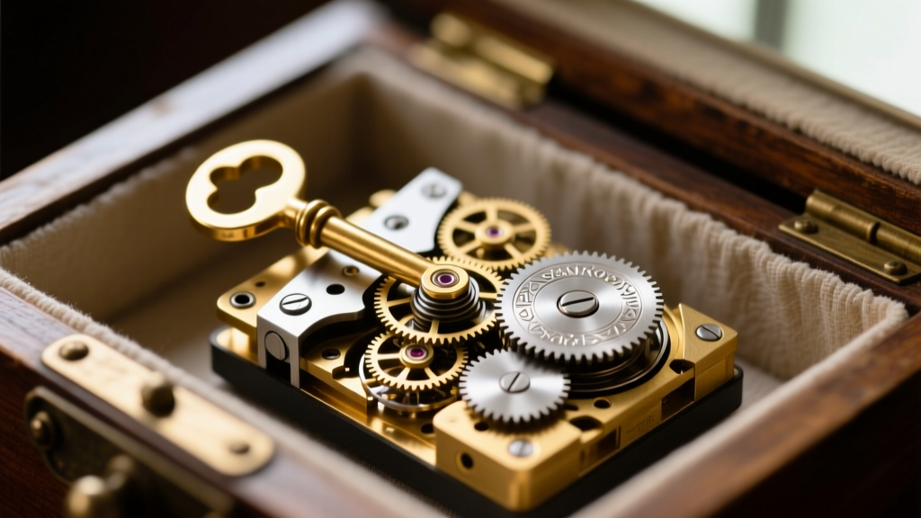 Close-up of a Sankyo music mechanism in a jewelry drawer, showing a brass winding key and intricate metallic gears.
