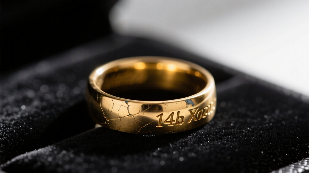 Close-up macro shot of a tarnished 14k gold ring resting on a dark velvet jeweler's pad, illuminated by a single warm spotlight.