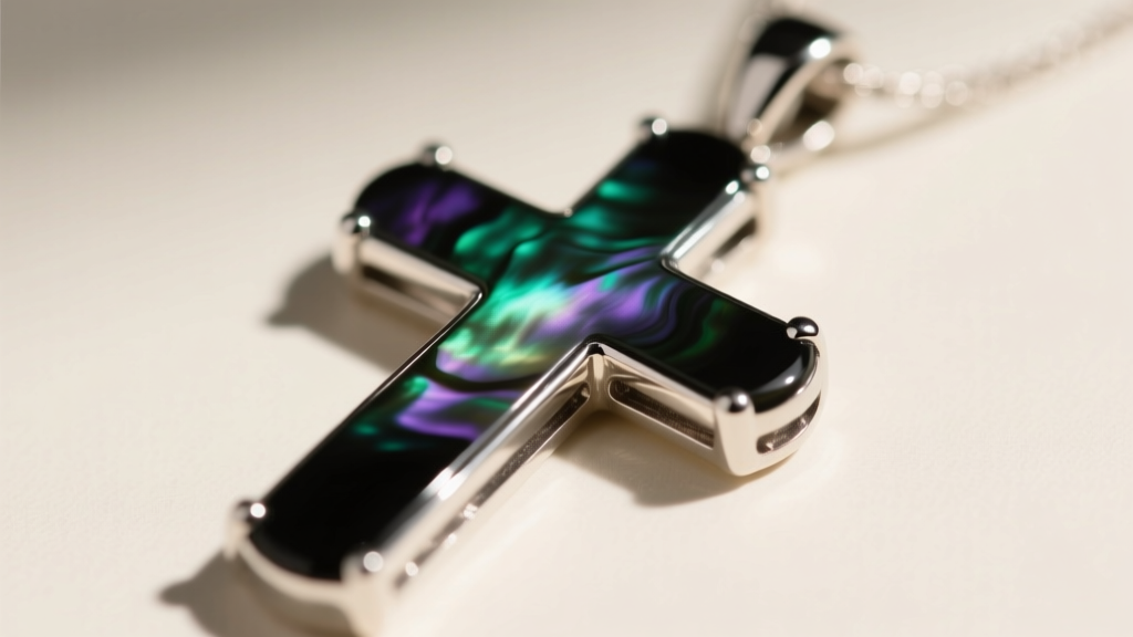 Close-up macro shot of a black mother of pearl cross pendant set in sterling silver, showing deep green and purple nacre overtones.