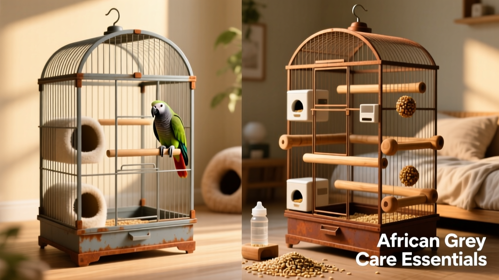 Side-by-side comparison of two high-quality, spacious bird cages suitable for African Greys, showing sturdy construction and varied perch placement