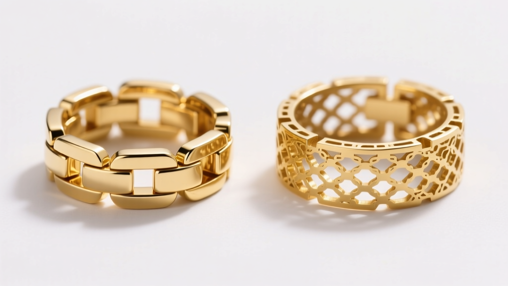 Cross-section of a solid 14k gold Figaro link next to a hollow electroformed link, showing internal wall thickness differences.